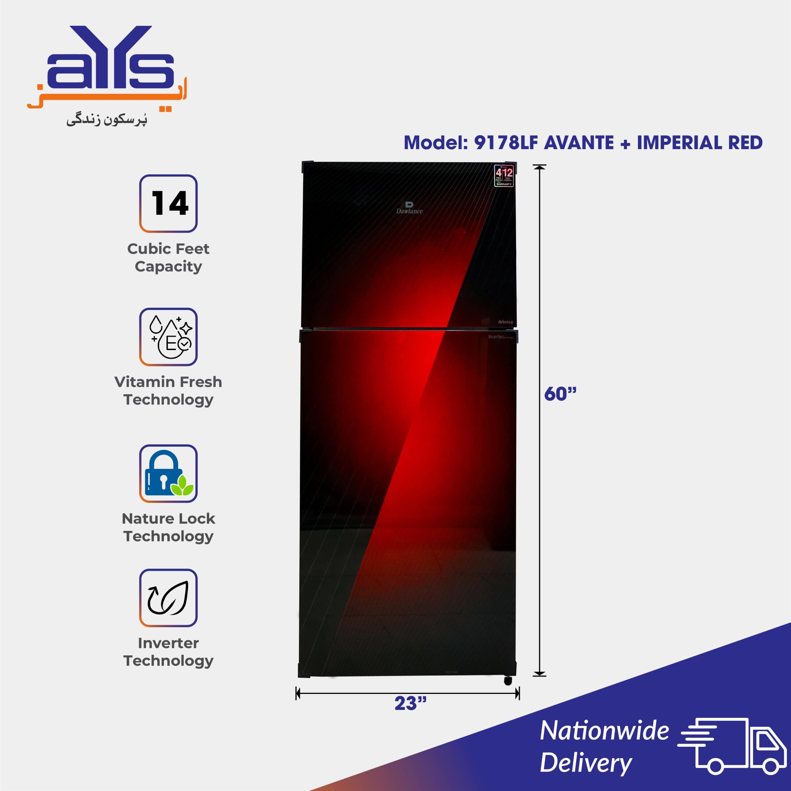 Dawlance 9178LF Avante Plus 14 Cubic Feet Double Door Inverter Refrigerator Imperial Red Dawlance 9178LF Avante Plus 14 Cubic Feet Double Door Inverter Refrigerator Imperial Red Price in Pakistan