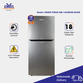 Orient 18 Cubic Feet Inverter Double Door Refrigerator Etron 505 I Hairline Silver