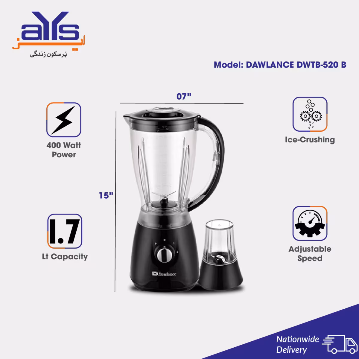 Dawlance DWTB-520-B Stand Blender with Dry Mill, 1.7L Jug, 400W, Black