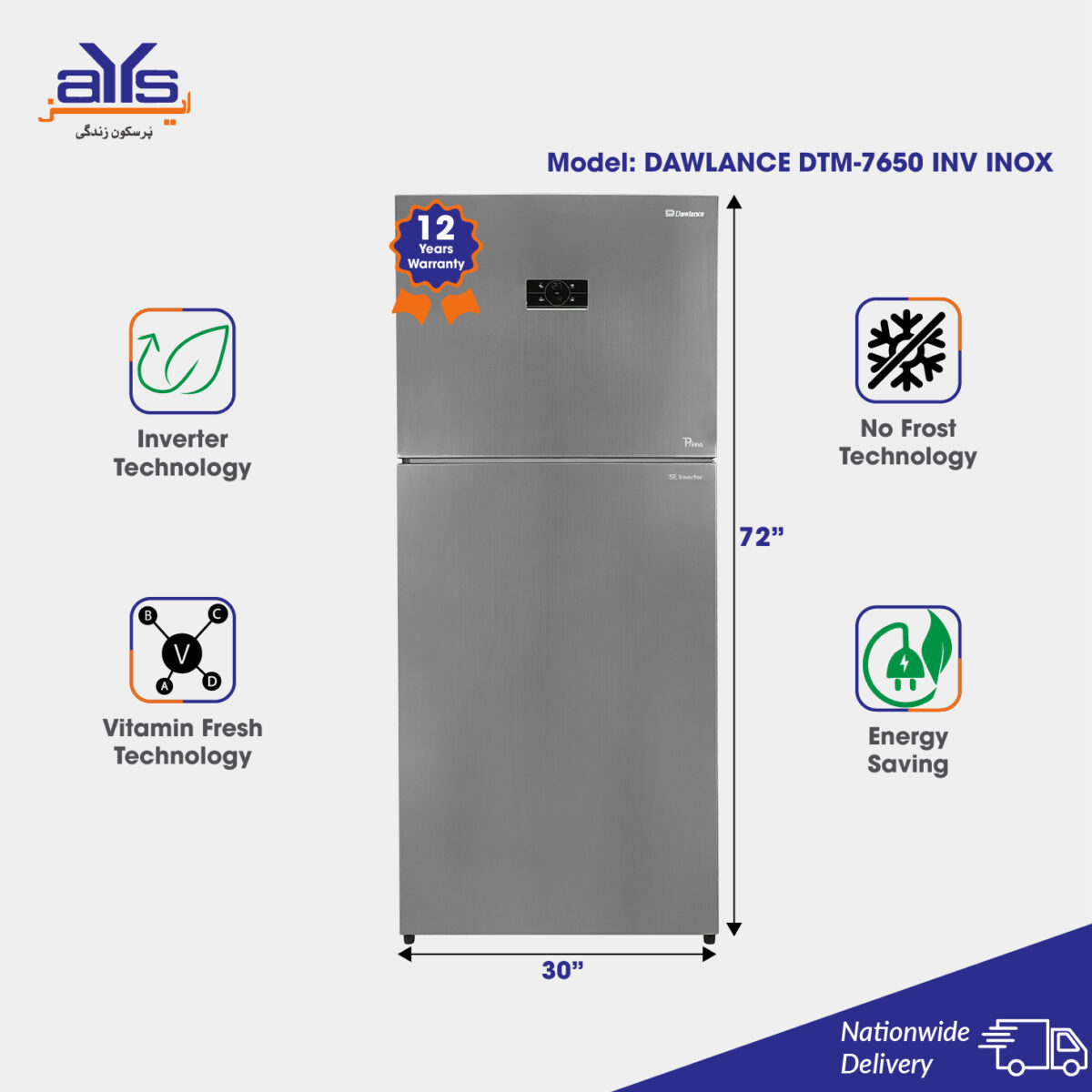 Dawlance DTM-7650 Inverter Refrigerator, Inox, No Frost, Double Door, Metallic Silver