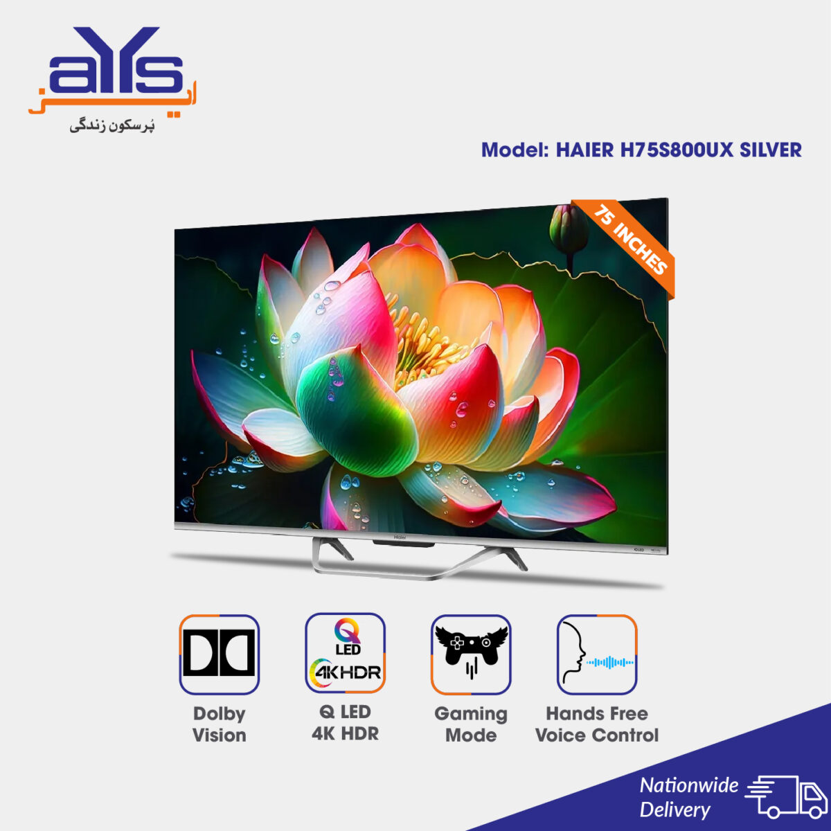 Haier 75 Inch H75S800UX Large 4K Ultra HD Smart Google LED TV Silver Game Master QLED