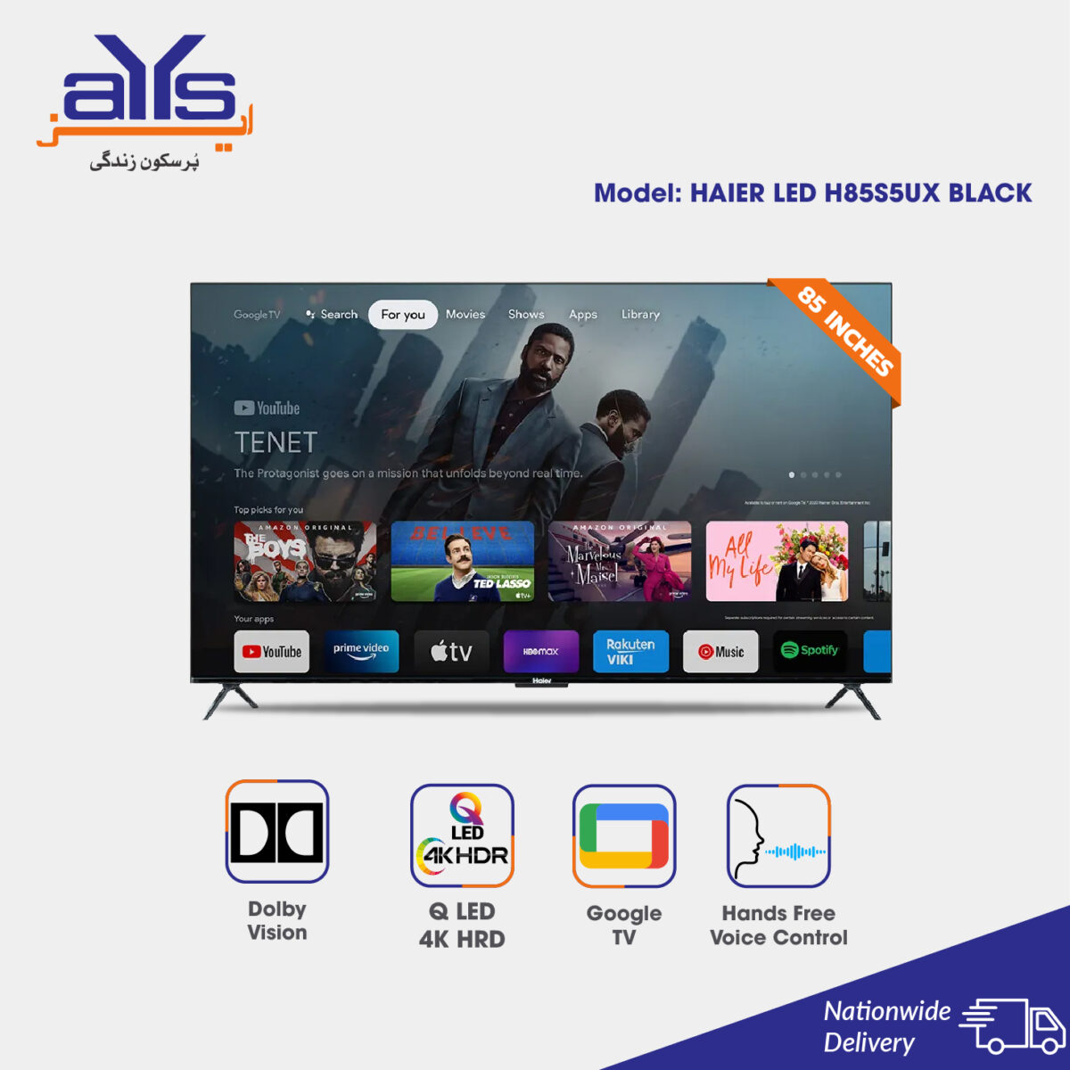 Haier 85 Inch Large 4K Ultra HD Smart Google LED TV H85S5UX Black HQLED Dolby Vision