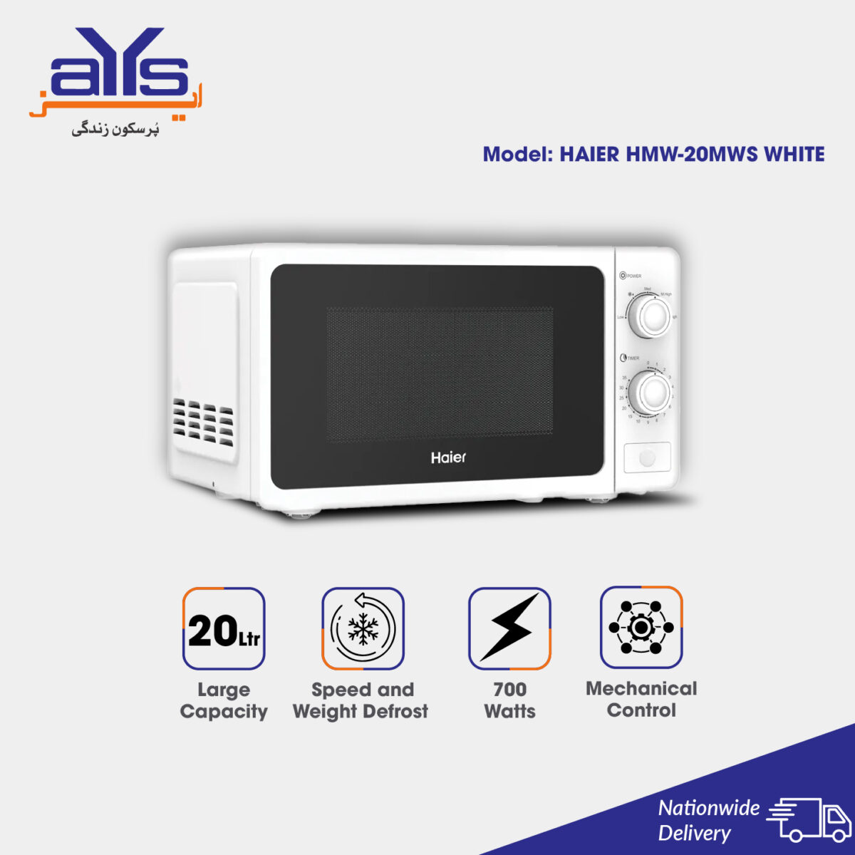 Haier HMW-20MWS Solo Microwave Oven, 20 Litre, 700W, White