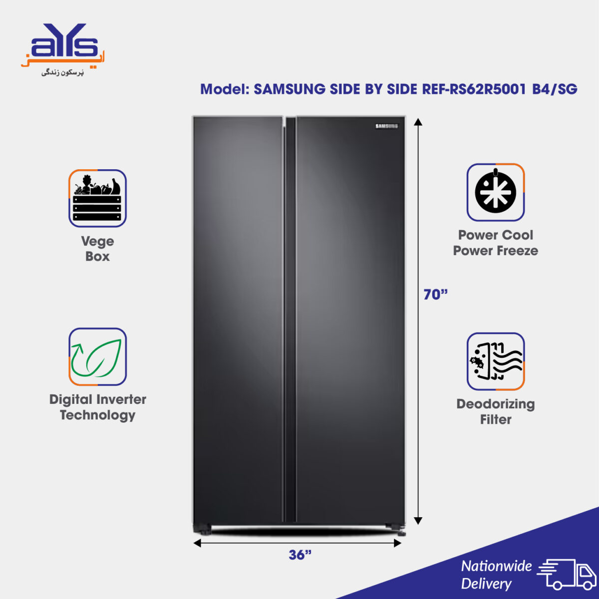 Samsung 24 Cubic Feet Digital Inverter Side by Side Refrigerator REF-RS62R5001 B4/SG Odor Eliminator