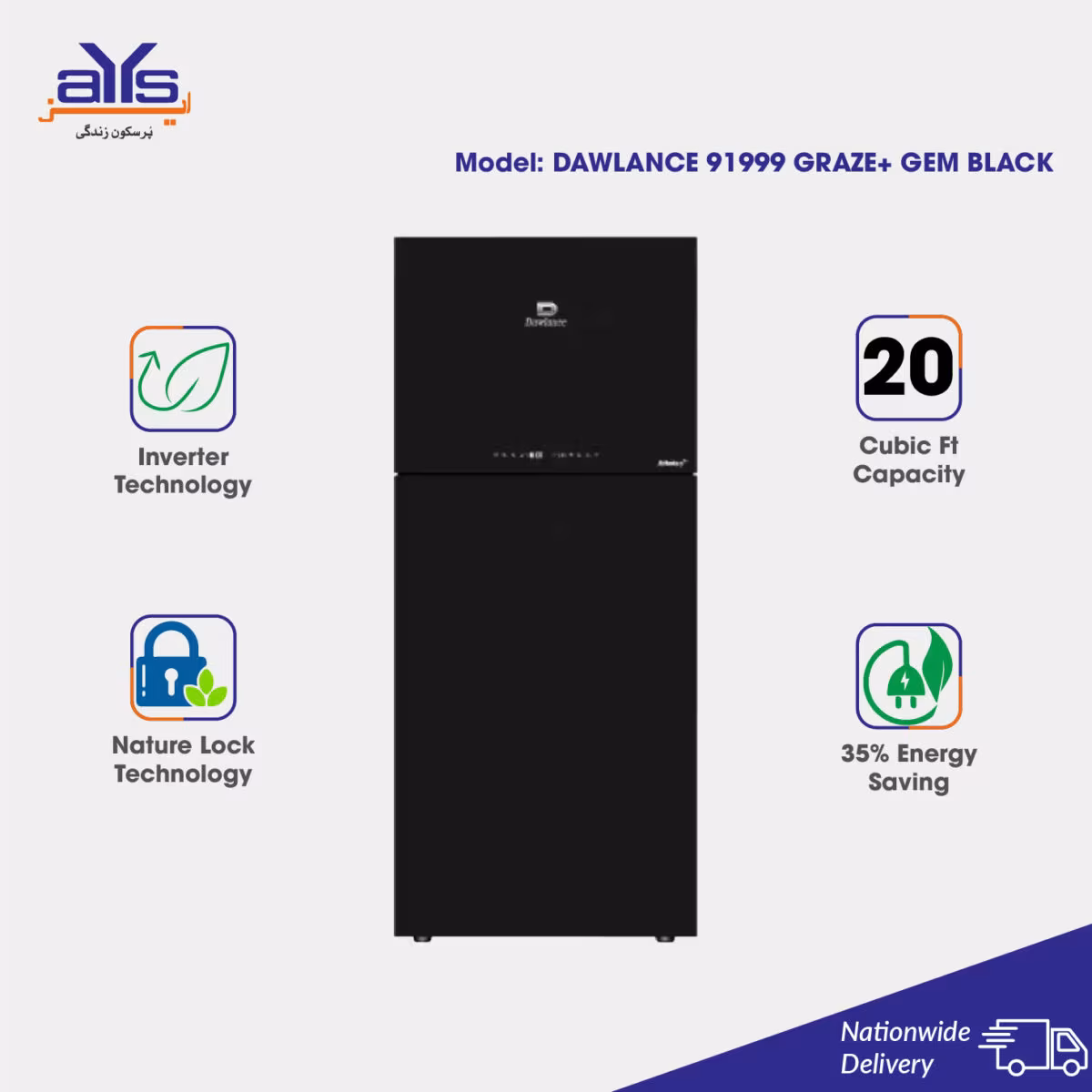 Dawlance 91999 Graze+ Gem Black Inverter Double Door Refrigerator Wifi 20 Cubic Feet