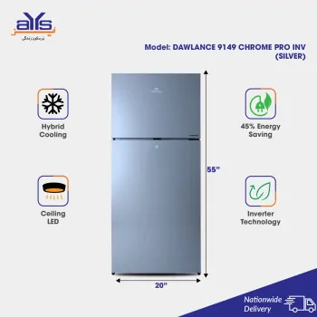 Dawlance 9149WB Chrome Pro Inverter Double Door Refrigerator Silver 9 Cubic Feet