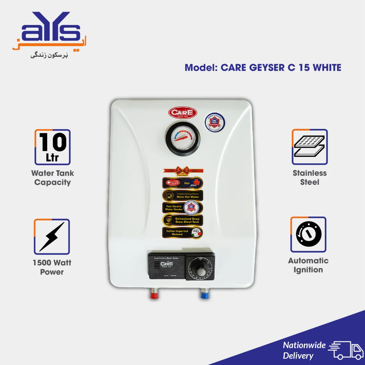 Care C15 Electric Geyser, 15 Litre 1500W, White