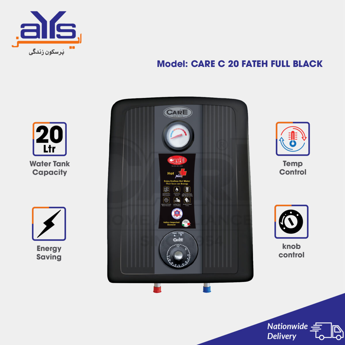 Care C20 Fast Electric Geyser, 20 Litre 2000W, Black
