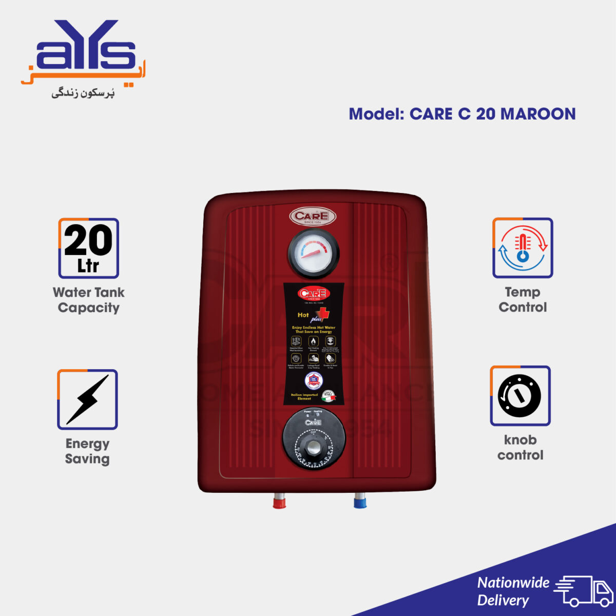 Care C20 Fast Electric Geyser, 20 Litre 2000W, Maroon