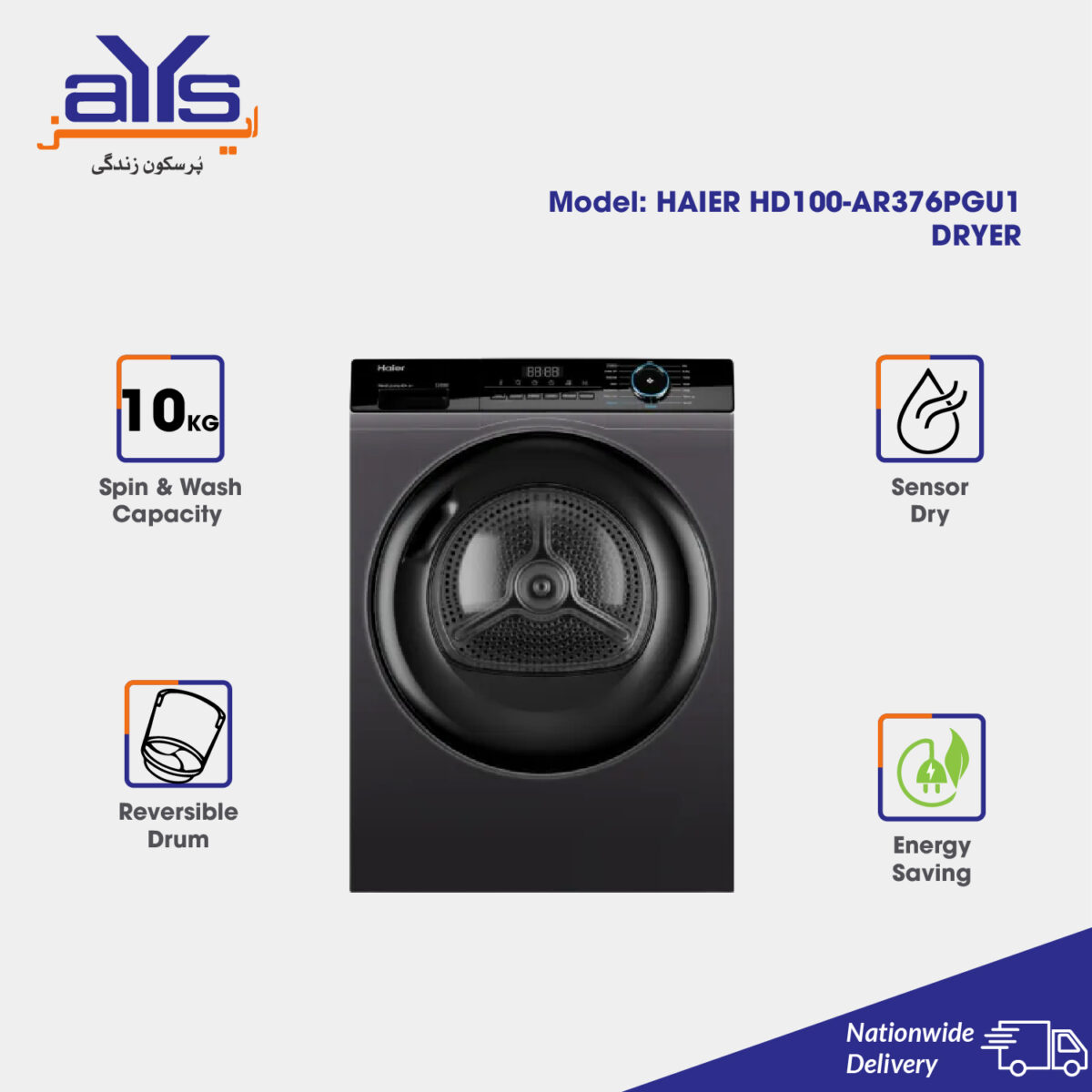 Haier HD100-AR376PGU1 Front Load Dryer Machine, 10 Kg Black