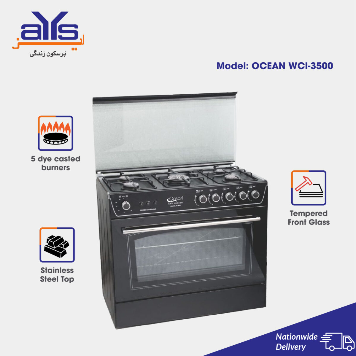 Ocean WCI-3500W Cooking Range, 3 Burners, Black