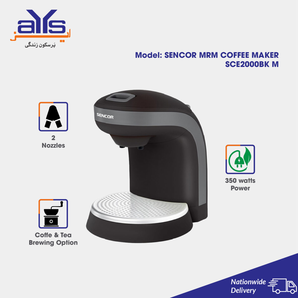 Sencor SCE2000BKM Ultra Compact Coffee Maker, Coffee and Tea, 2 Cups, Black