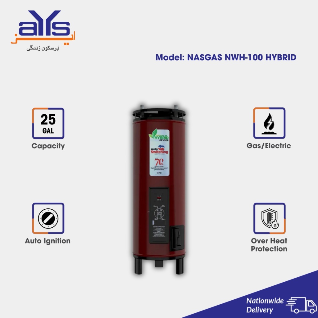 NasGas Electric and Gas Geyser NWH-100 Hybrid (100 Liters)