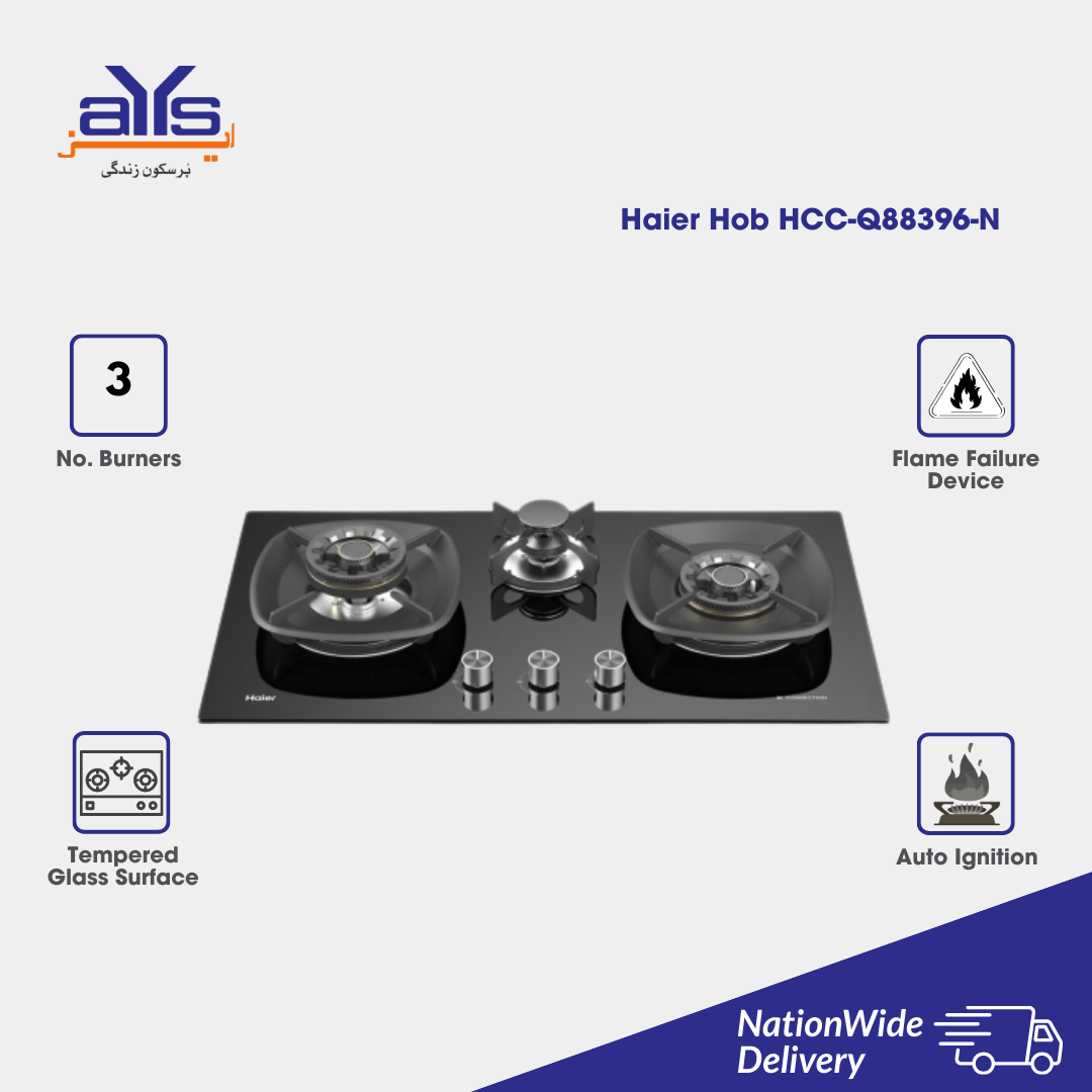 HAIER HOB HCC-Q88396-N 3 BURNER GLASS BLACK