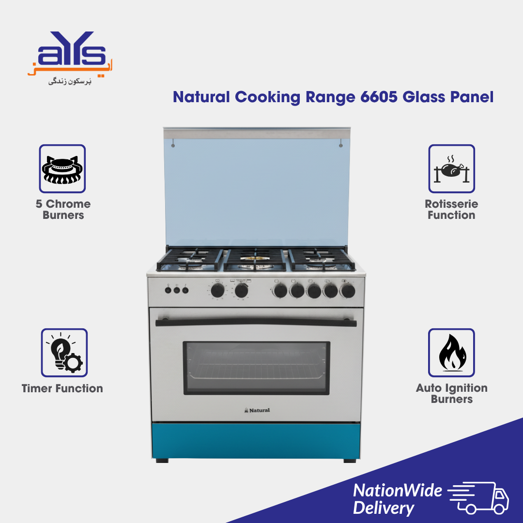 Natural 6605 Glass Panel Cooking Range  - 5 Burners - Rotisserie